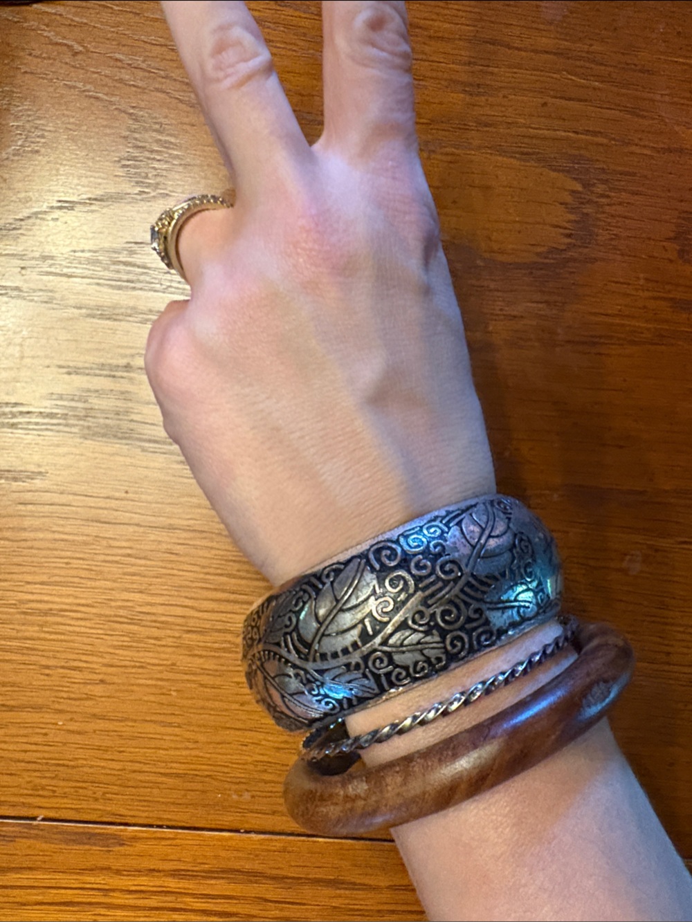 Wood and Etched Metal Bangle Bracelet Set - Brown & Silver